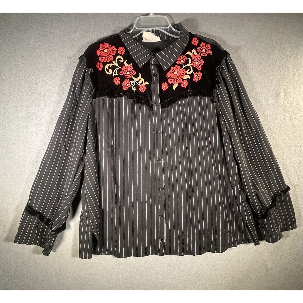 Savanna Jane Blouse Womens 1X Black Embroidered Boho Velvet Stripes Floral